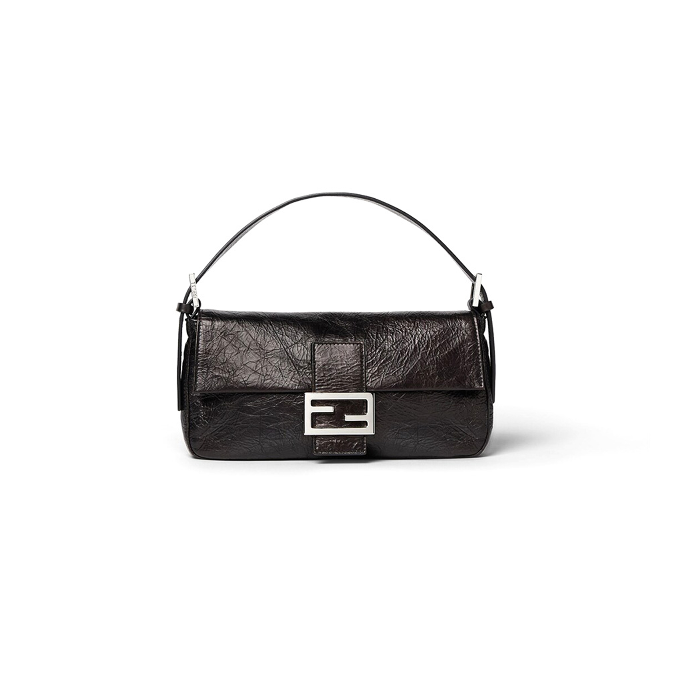 FENDI BAGUETTE CRACKLED BLACK LEATHER BAG 8BR850B14MF0QA1 (26*14*4cm)